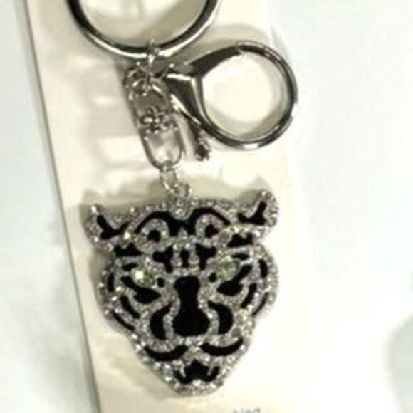 BAG CHARM Silver Tone Crystal Embellished Panther Keychain - Picture 1 of 8